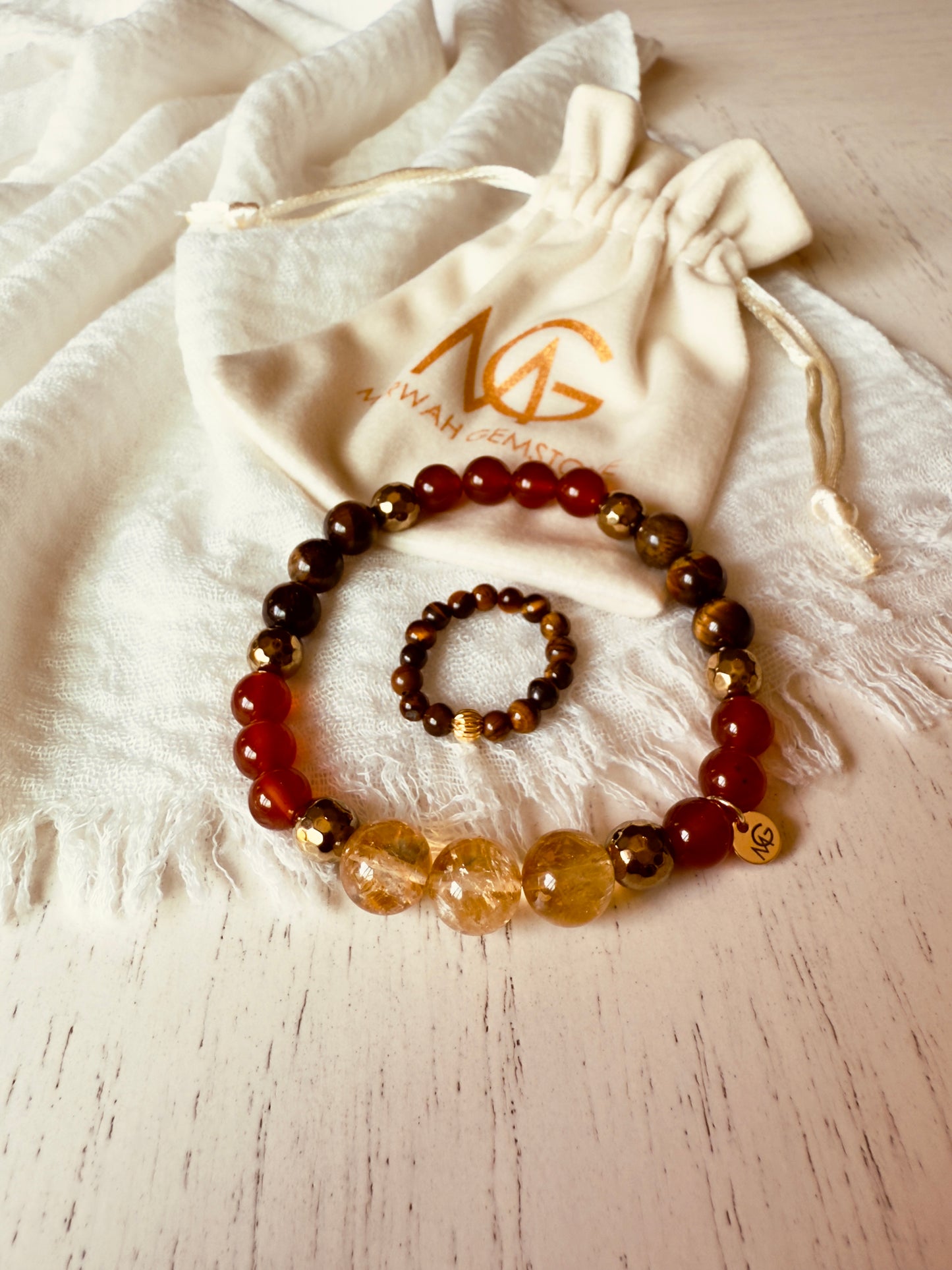 Tiger Eye - Citrine - Red Agate Bracelet + Tiger Eye Ring Set