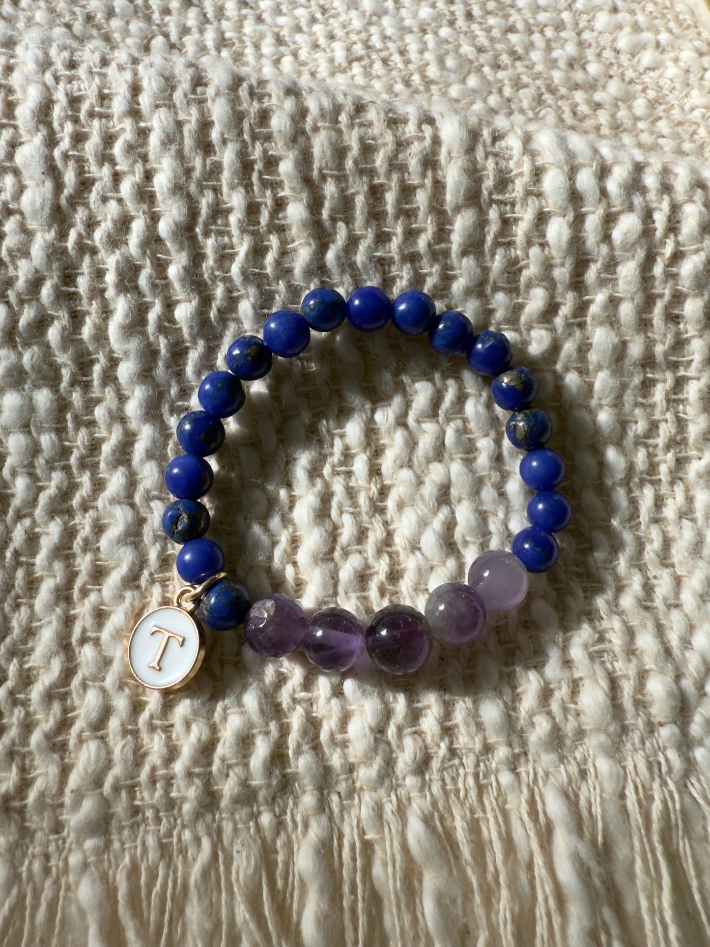 Girls Design Lapis Lazuli-Amethyst Bracelet With Golden Plated Letter Charms