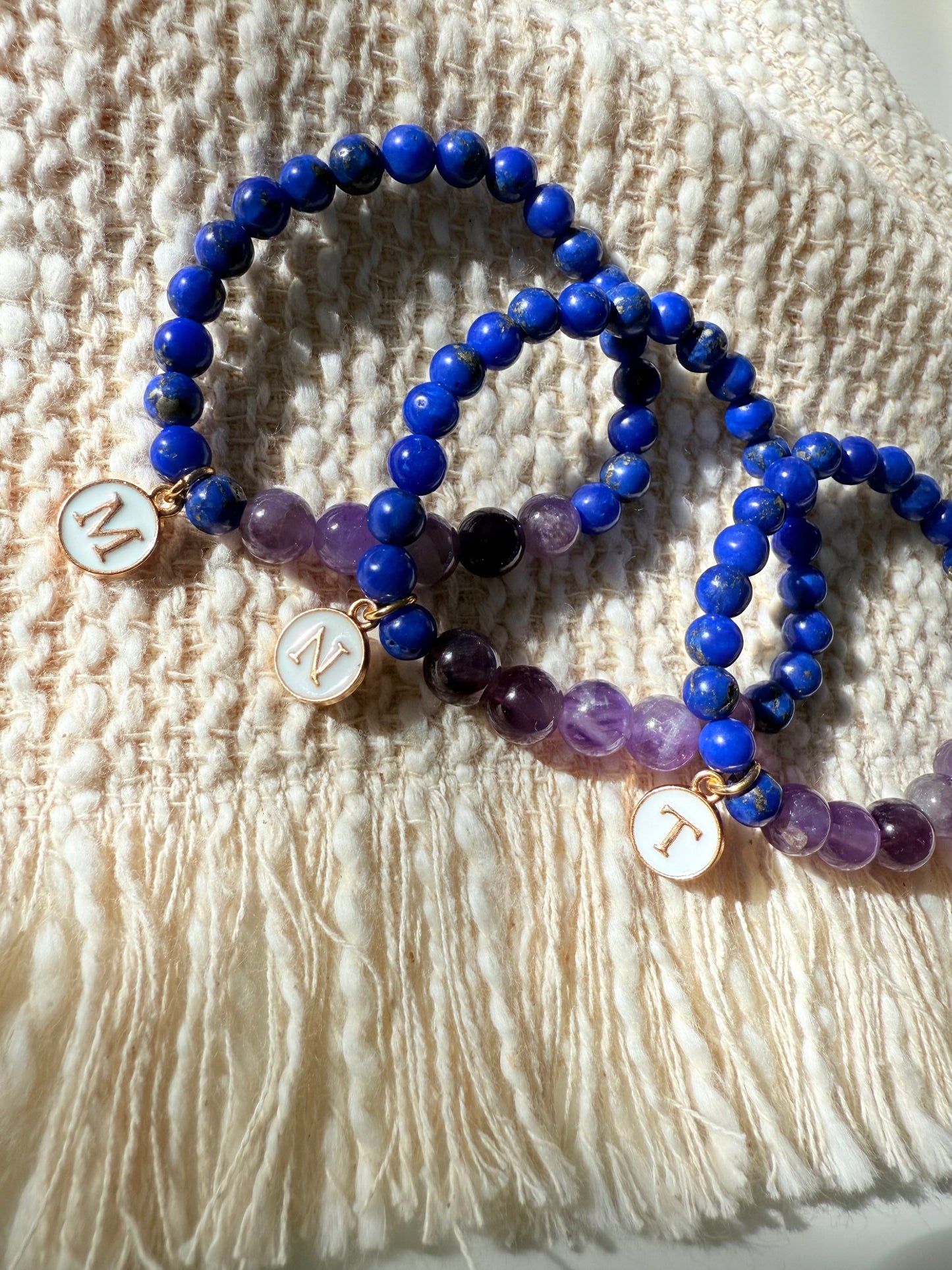 Girls Design Lapis Lazuli-Amethyst Bracelet With Golden Plated Letter Charms