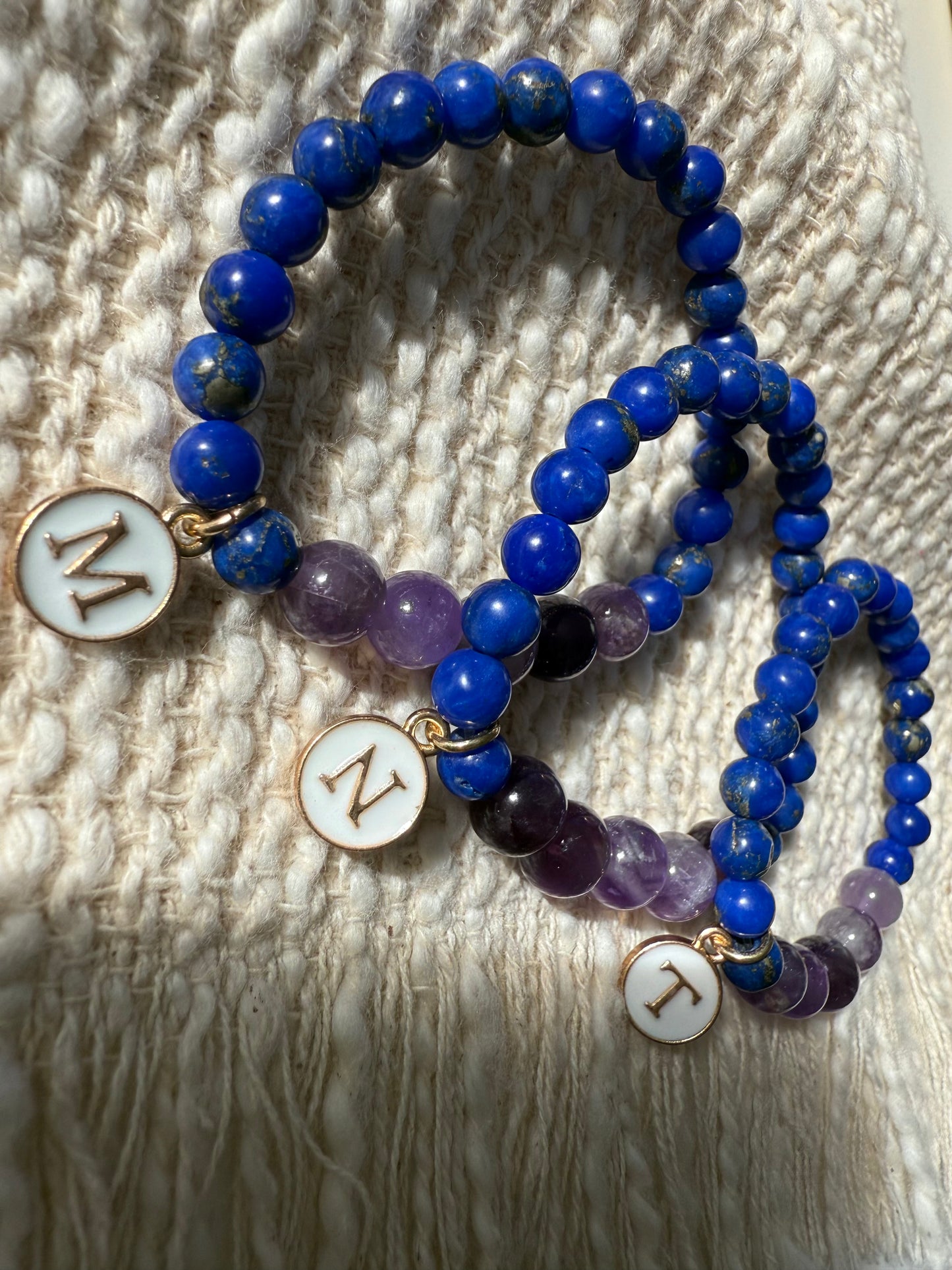 Girls Design Lapis Lazuli-Amethyst Bracelet With Golden Plated Letter Charms