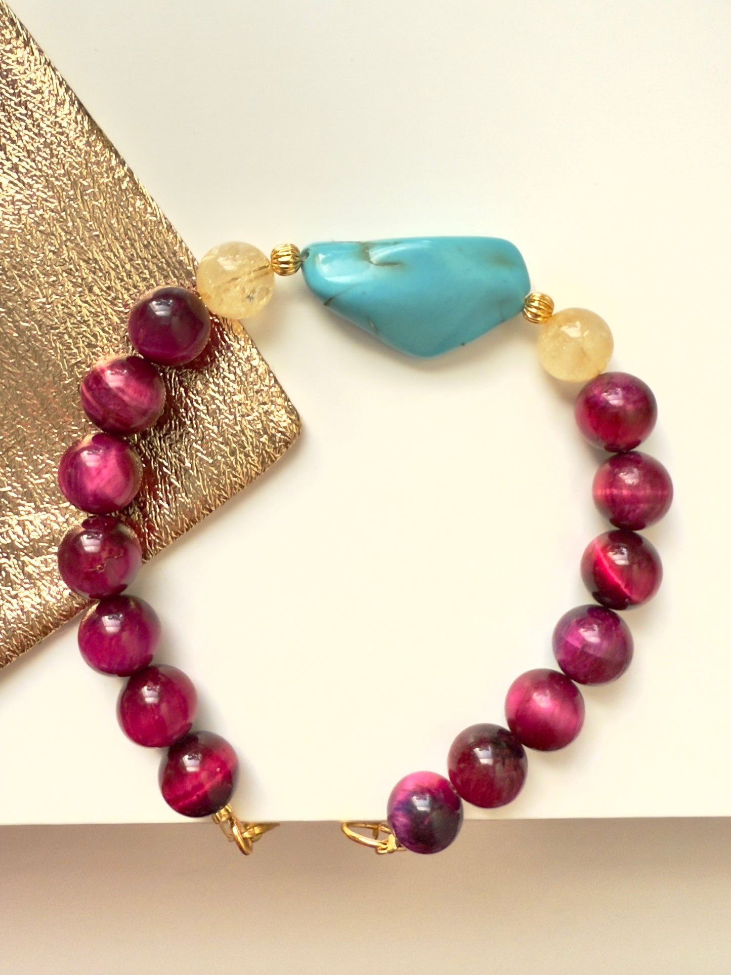 Pink tiger Eye-Turquoise-Citrine Bracelet