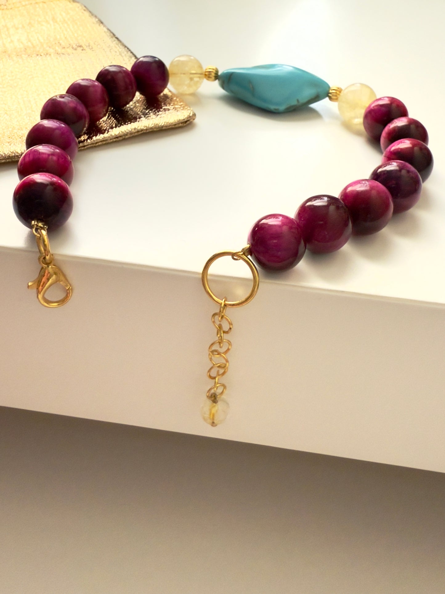Pink tiger Eye-Turquoise-Citrine Bracelet