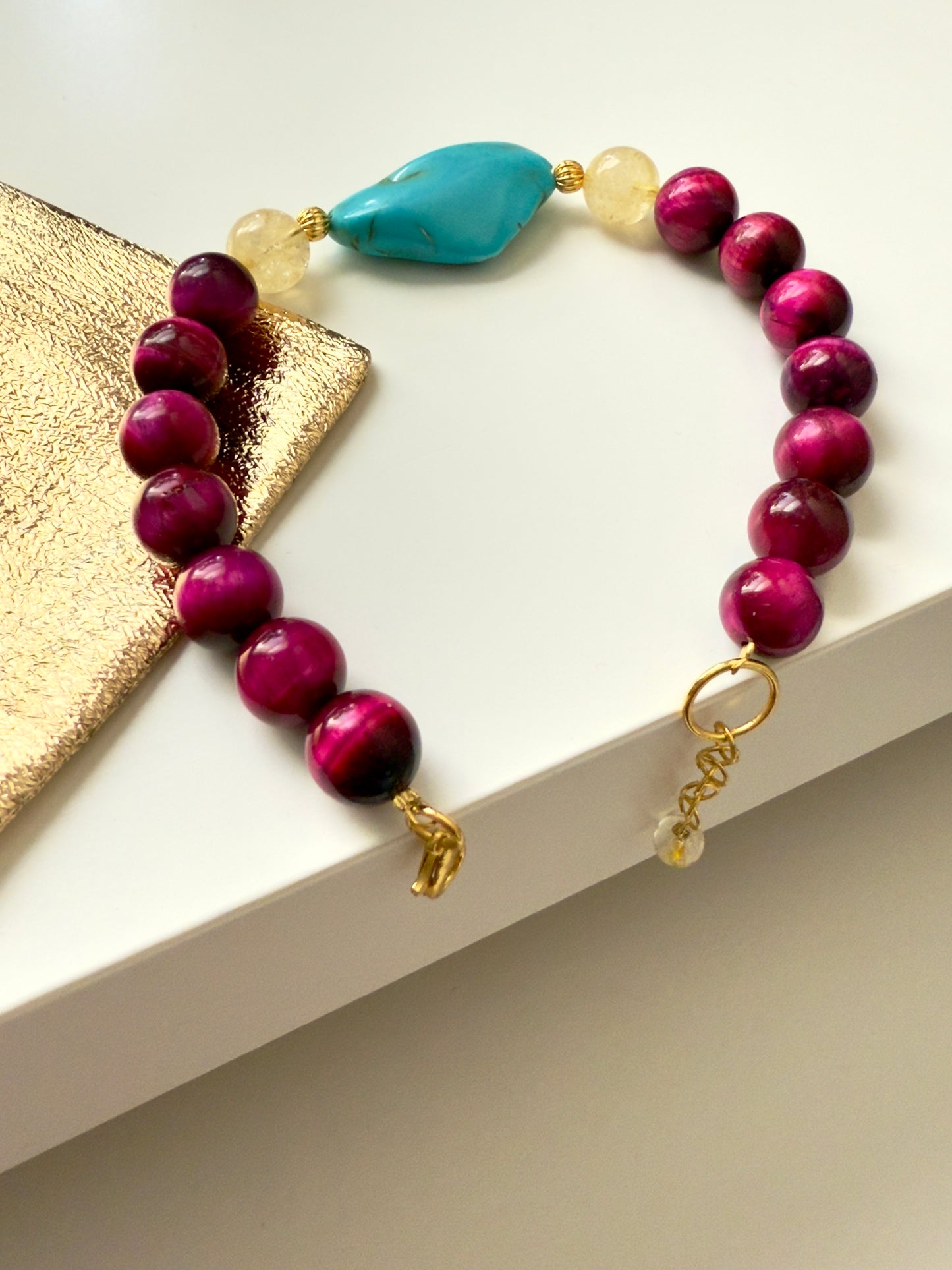 Pink tiger Eye-Turquoise-Citrine Bracelet