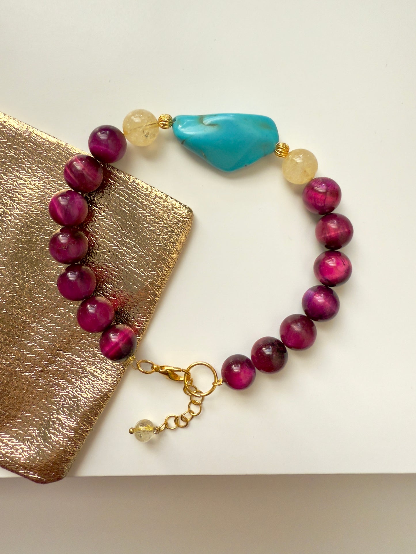 Pink tiger Eye-Turquoise-Citrine Bracelet