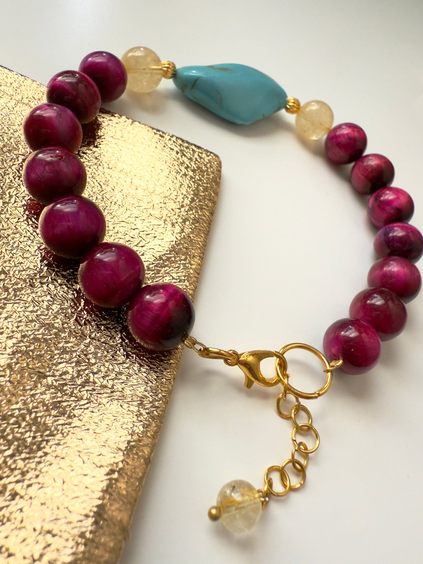 Pink tiger Eye-Turquoise-Citrine Bracelet