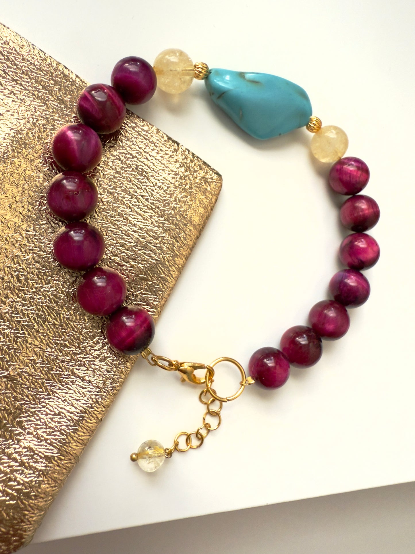 Pink tiger Eye-Turquoise-Citrine Bracelet