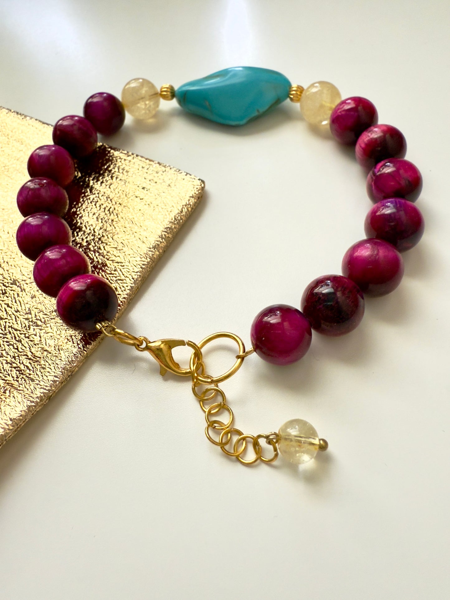 Pink tiger Eye-Turquoise-Citrine Bracelet