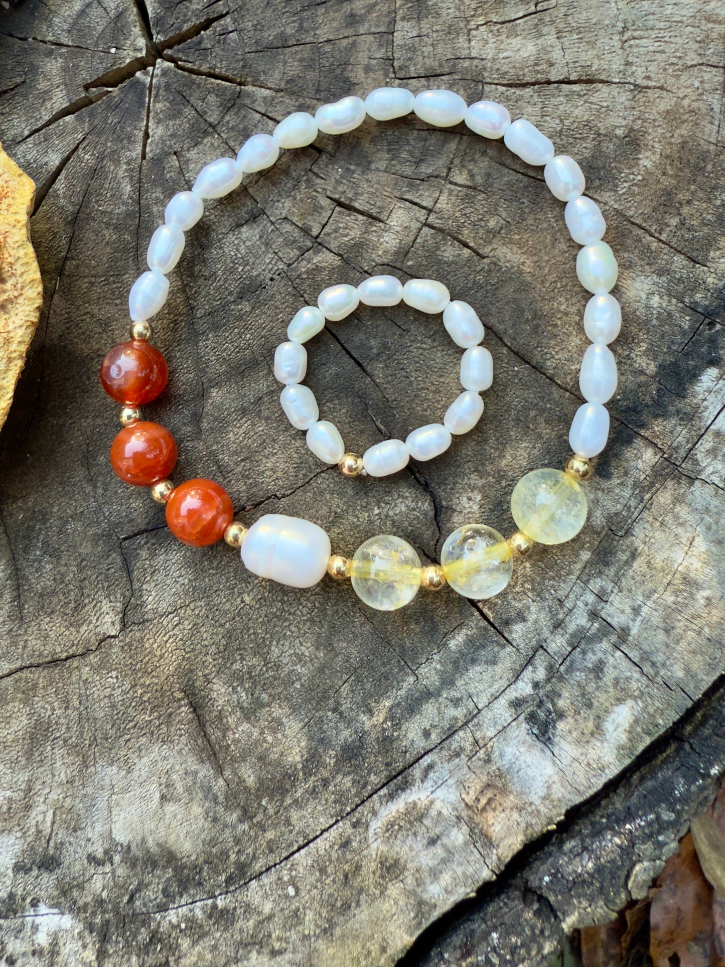 Natural Freshwater Pearl-Carnelian-Citrine Bracelet + Pearl Ring
