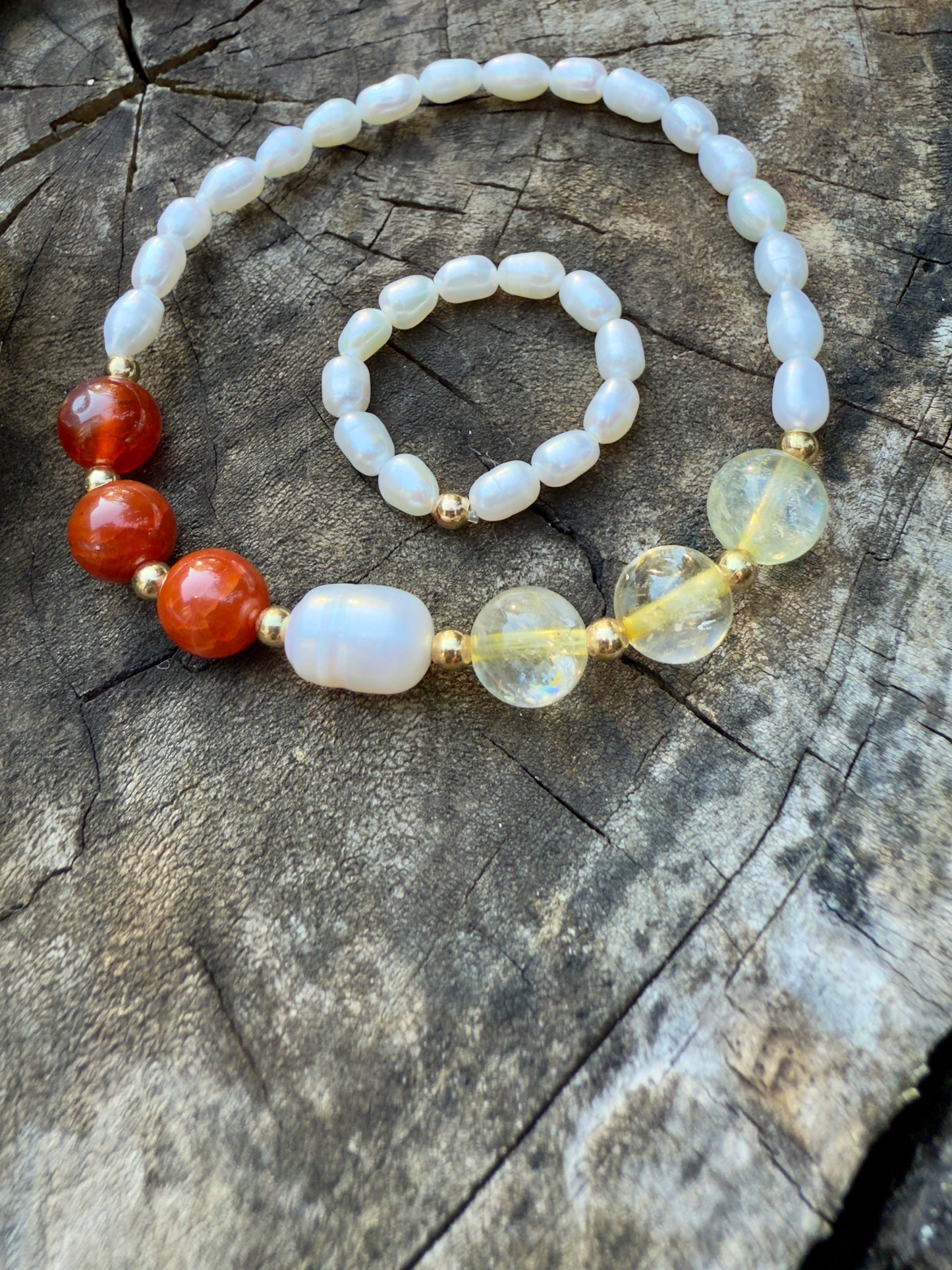 Natural Freshwater Pearl-Carnelian-Citrine Bracelet + Pearl Ring