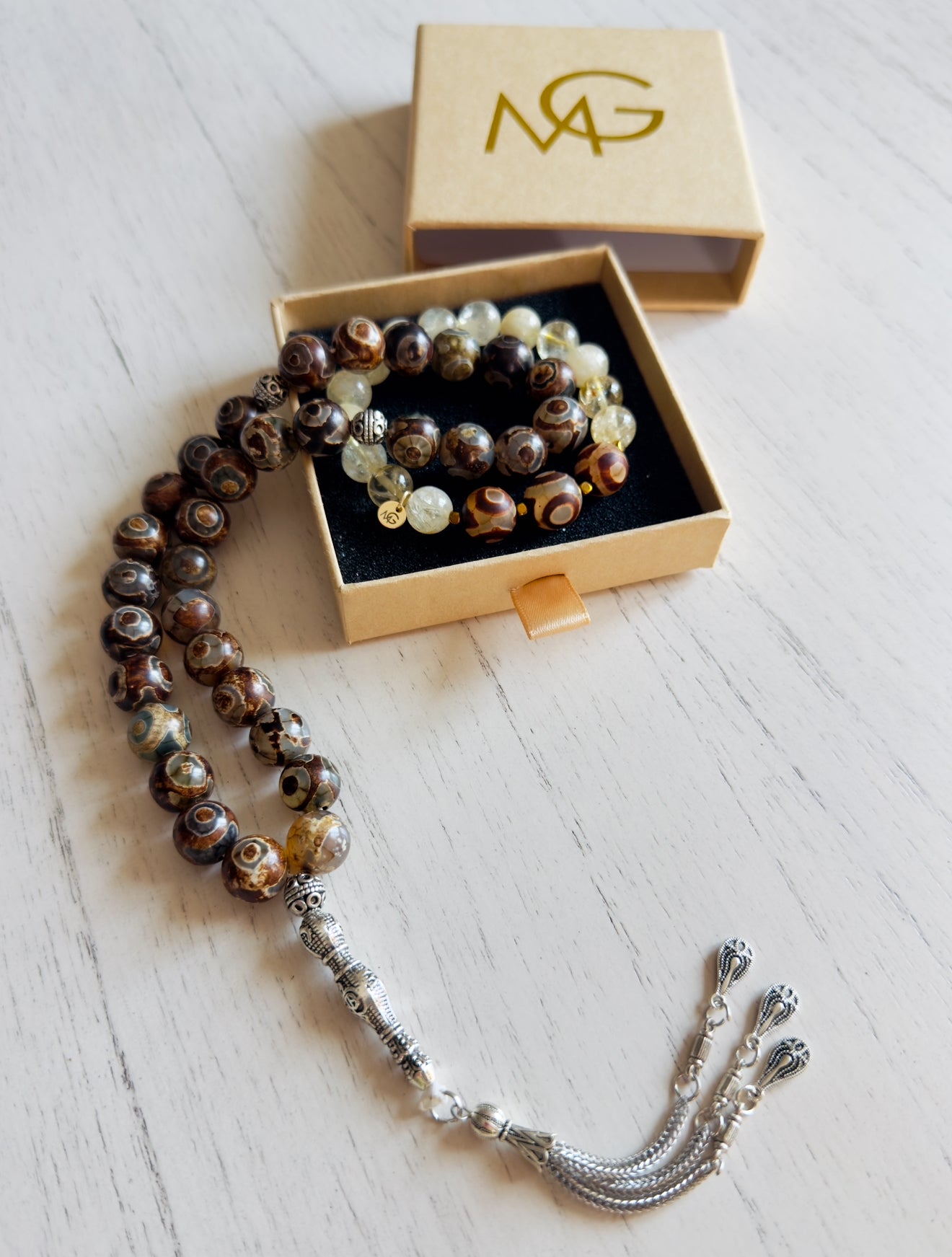 33-Bead Tibetan Agate - Citrine Misbaha and Bracelet Set