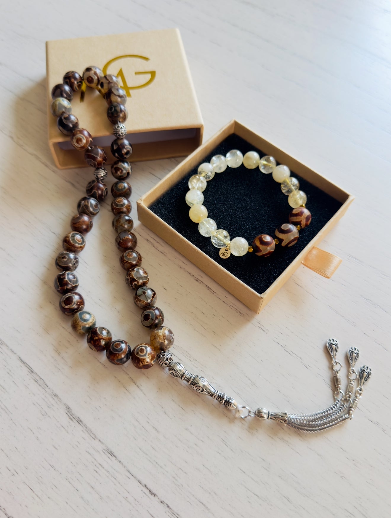 33-Bead Tibetan Agate - Citrine Misbaha and Bracelet Set