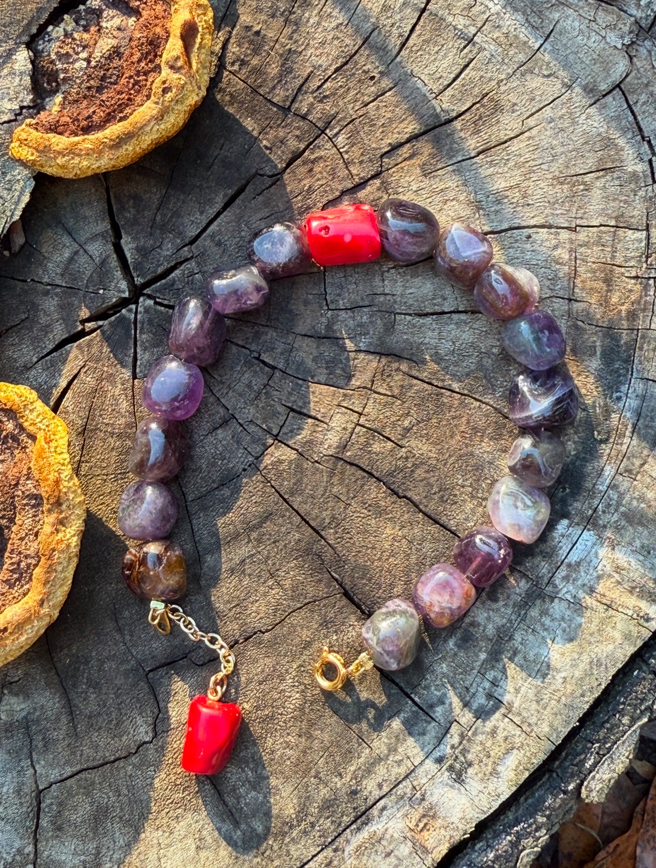 Amethyst - Natural Coral Bracelet With Coral Charm