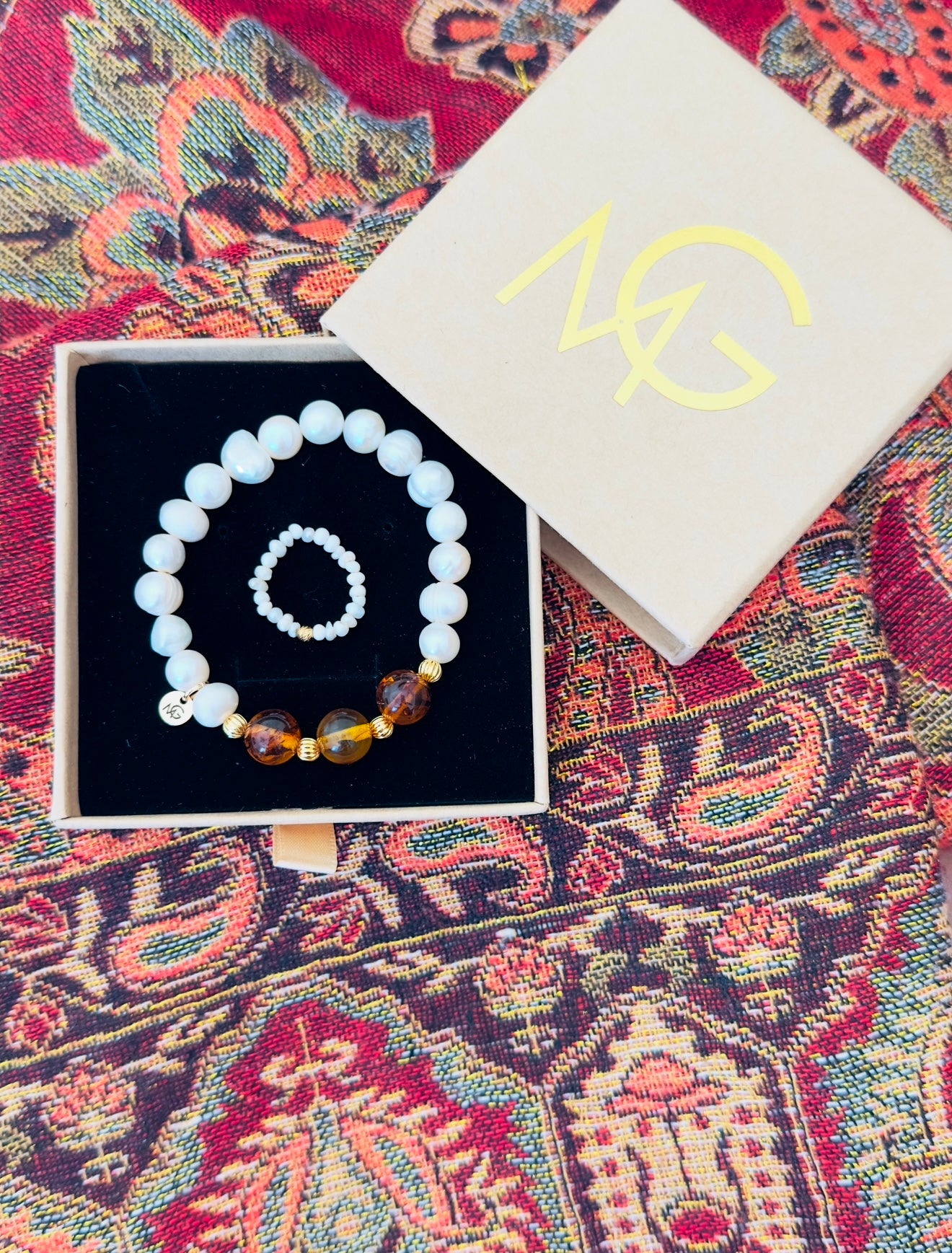 Natural Freshwater Pearl-Natural Amber Bracelet + Ring