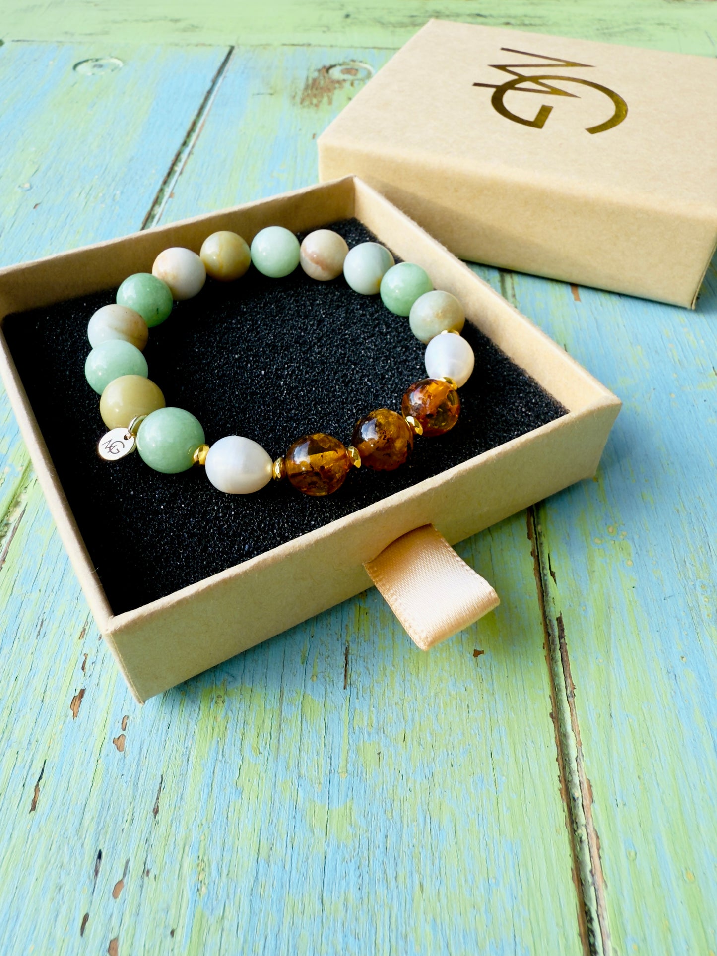 Amazonite - Freshwater Pearl - Natural Amber Bracelet