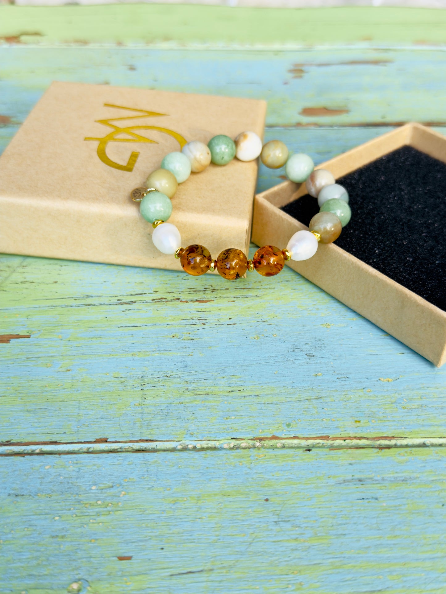 Amazonite - Freshwater Pearl - Natural Amber Bracelet