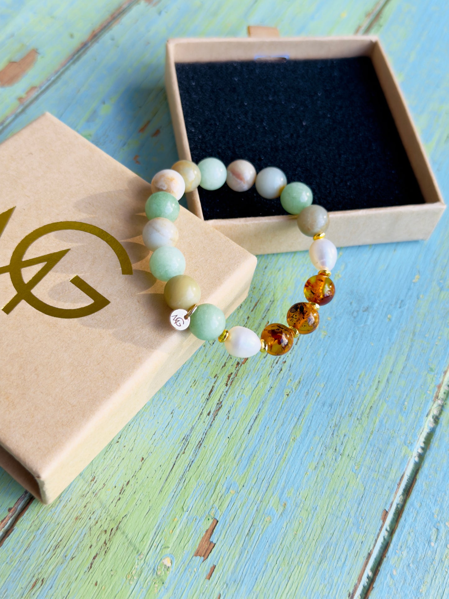 Amazonite - Freshwater Pearl - Natural Amber Bracelet