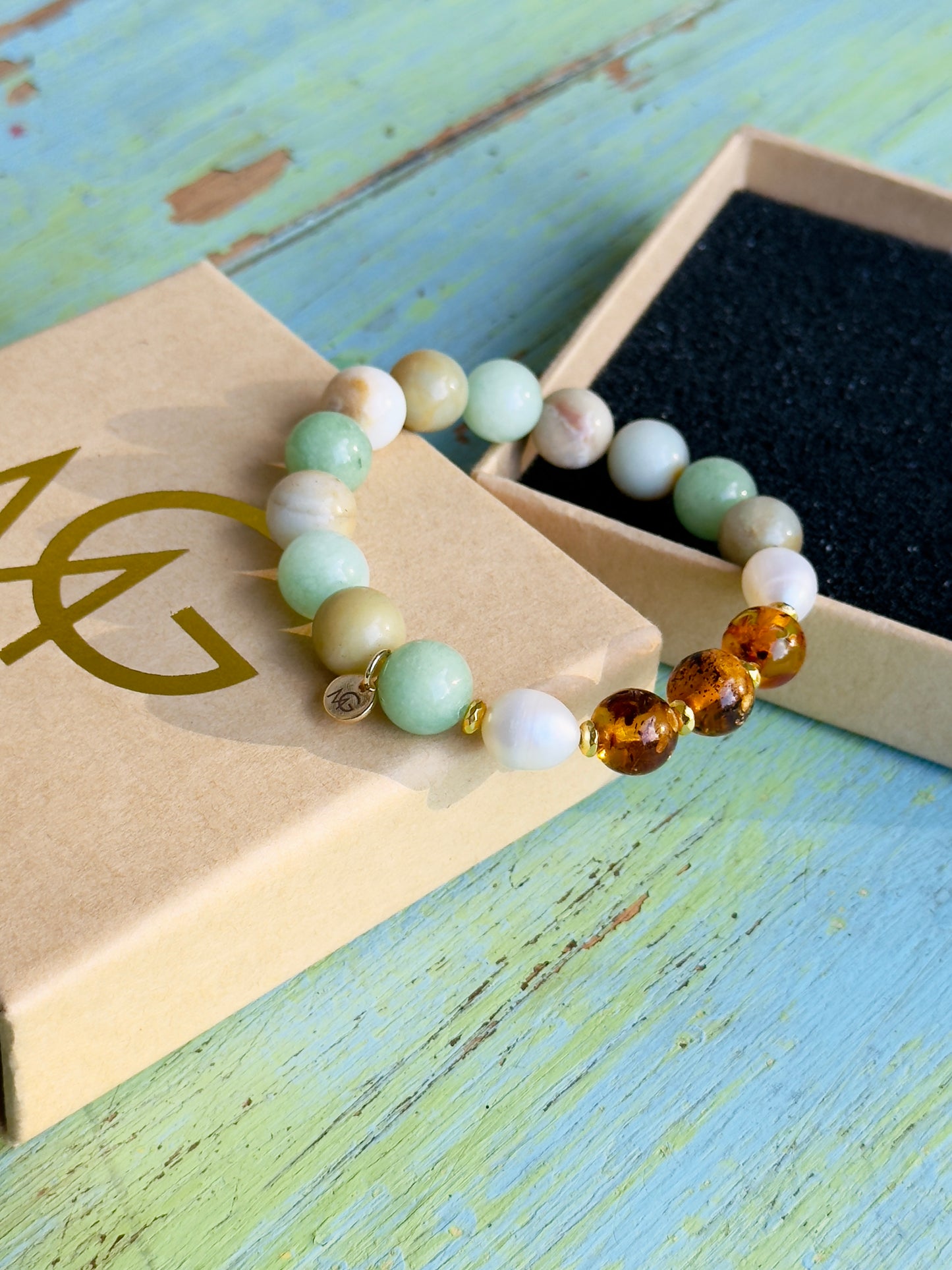 Amazonite - Freshwater Pearl - Natural Amber Bracelet
