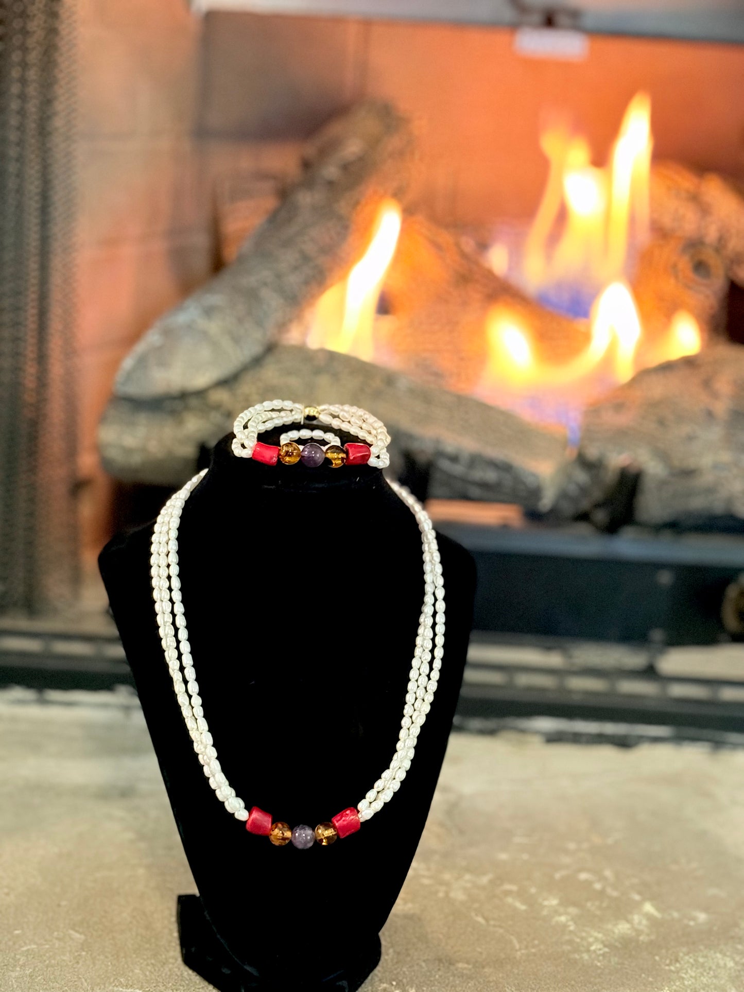 Cultured Pearl-Coral-Amber-Amethyst Jewelry Set