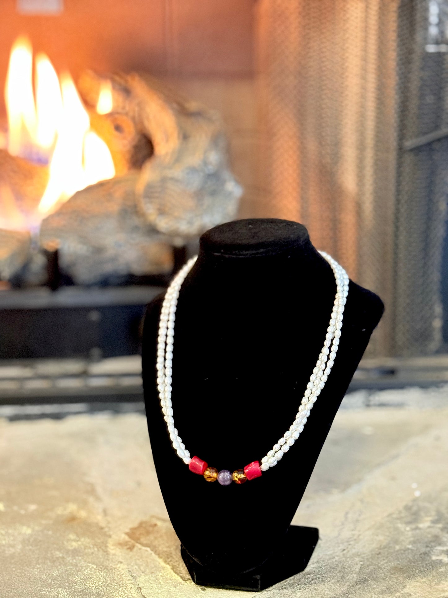 Cultured Pearl-Coral-Amber-Amethyst Jewelry Set
