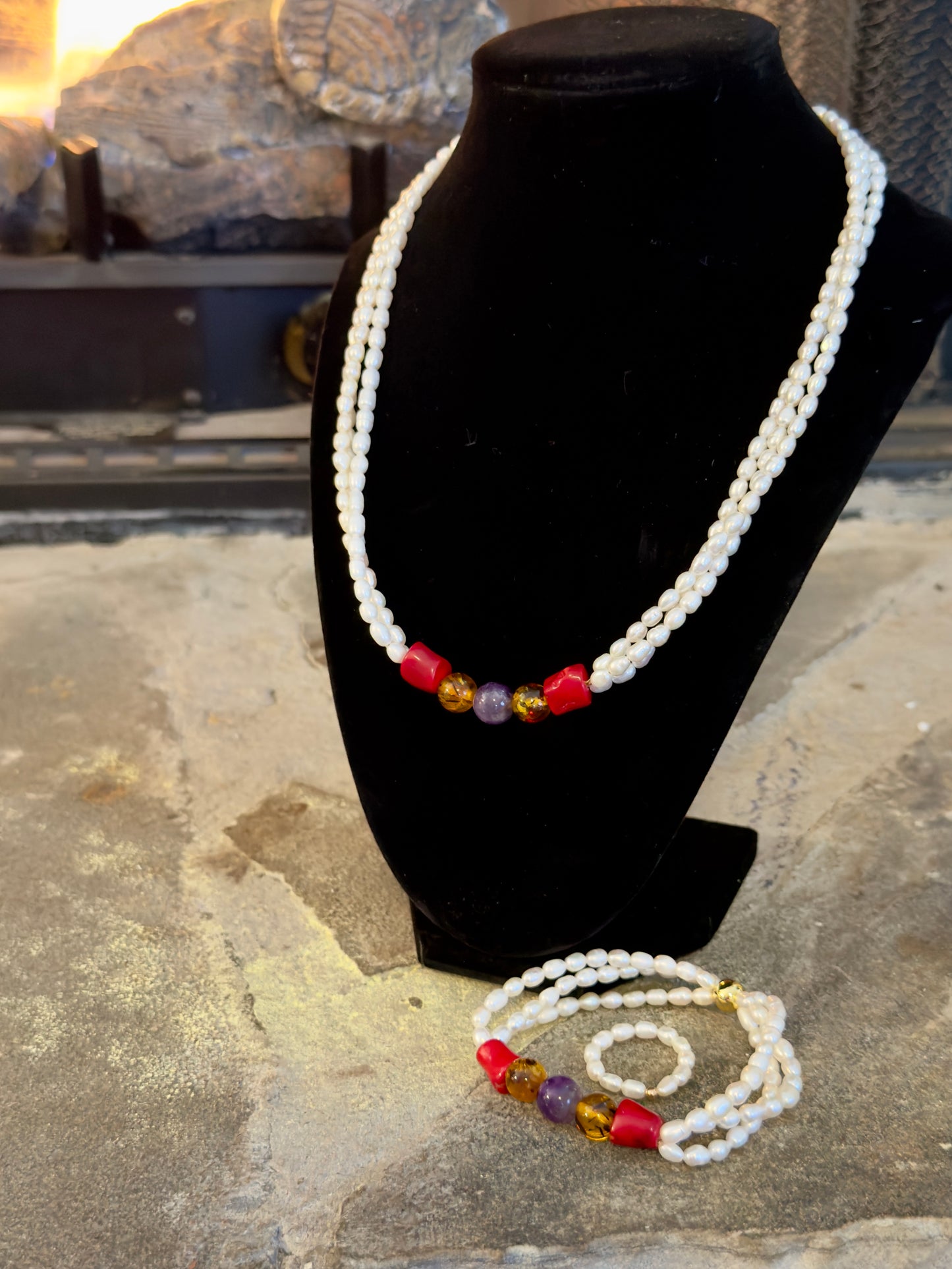 Cultured Pearl-Coral-Amber-Amethyst Jewelry Set