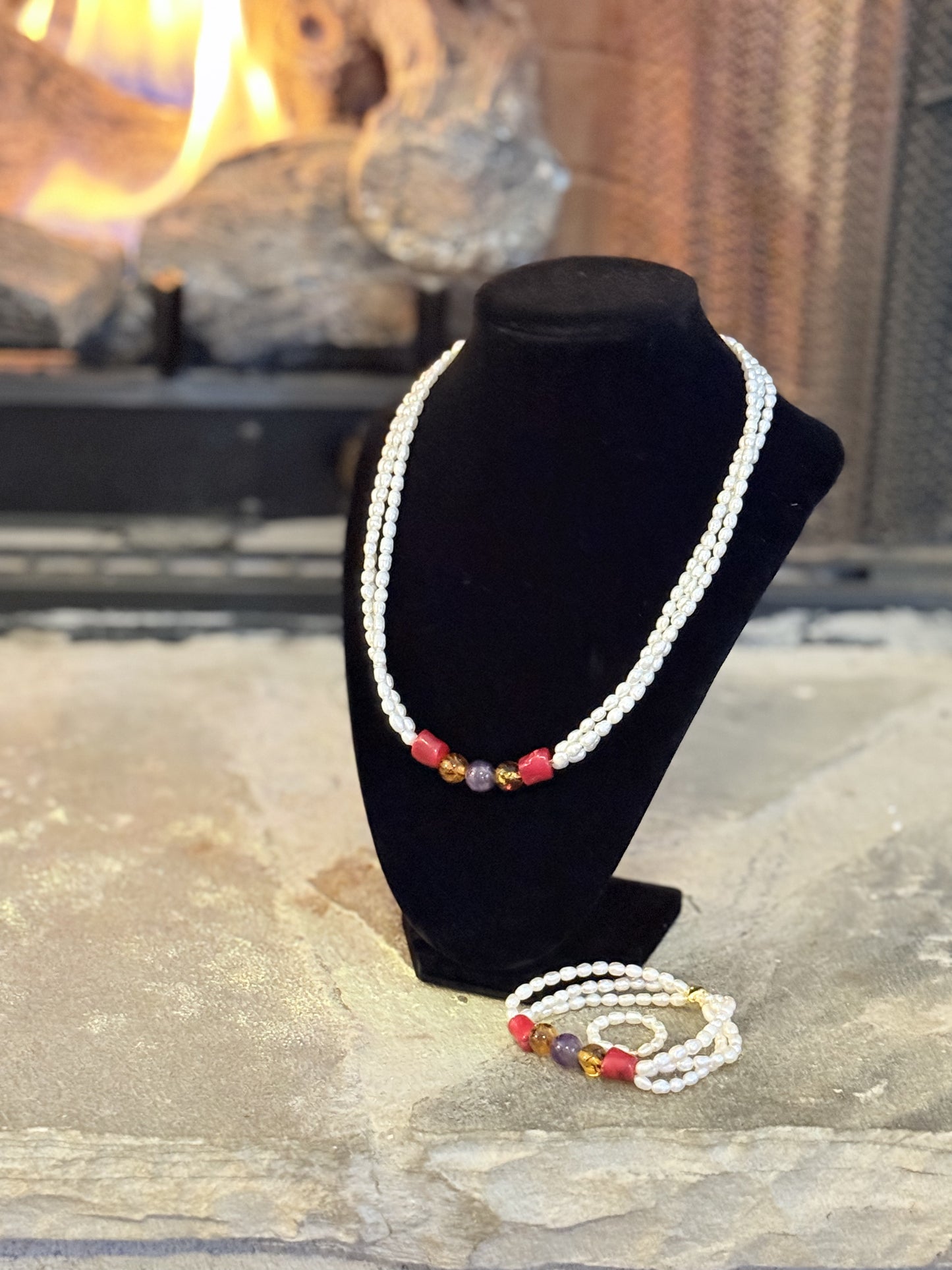 Cultured Pearl-Coral-Amber-Amethyst Jewelry Set