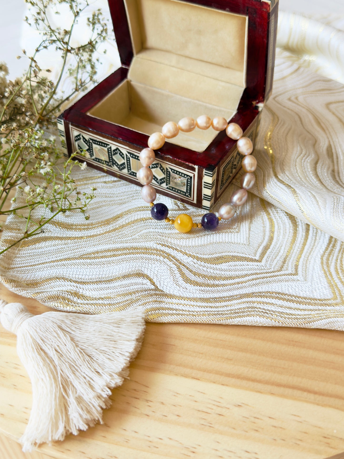 Orange and Purple Natural Pearl - Amethyst - Yellow Amber Bracelet