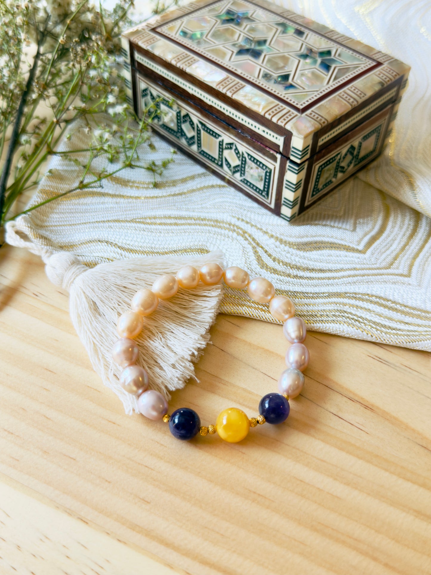 Orange and Purple Natural Pearl - Amethyst - Yellow Amber Bracelet