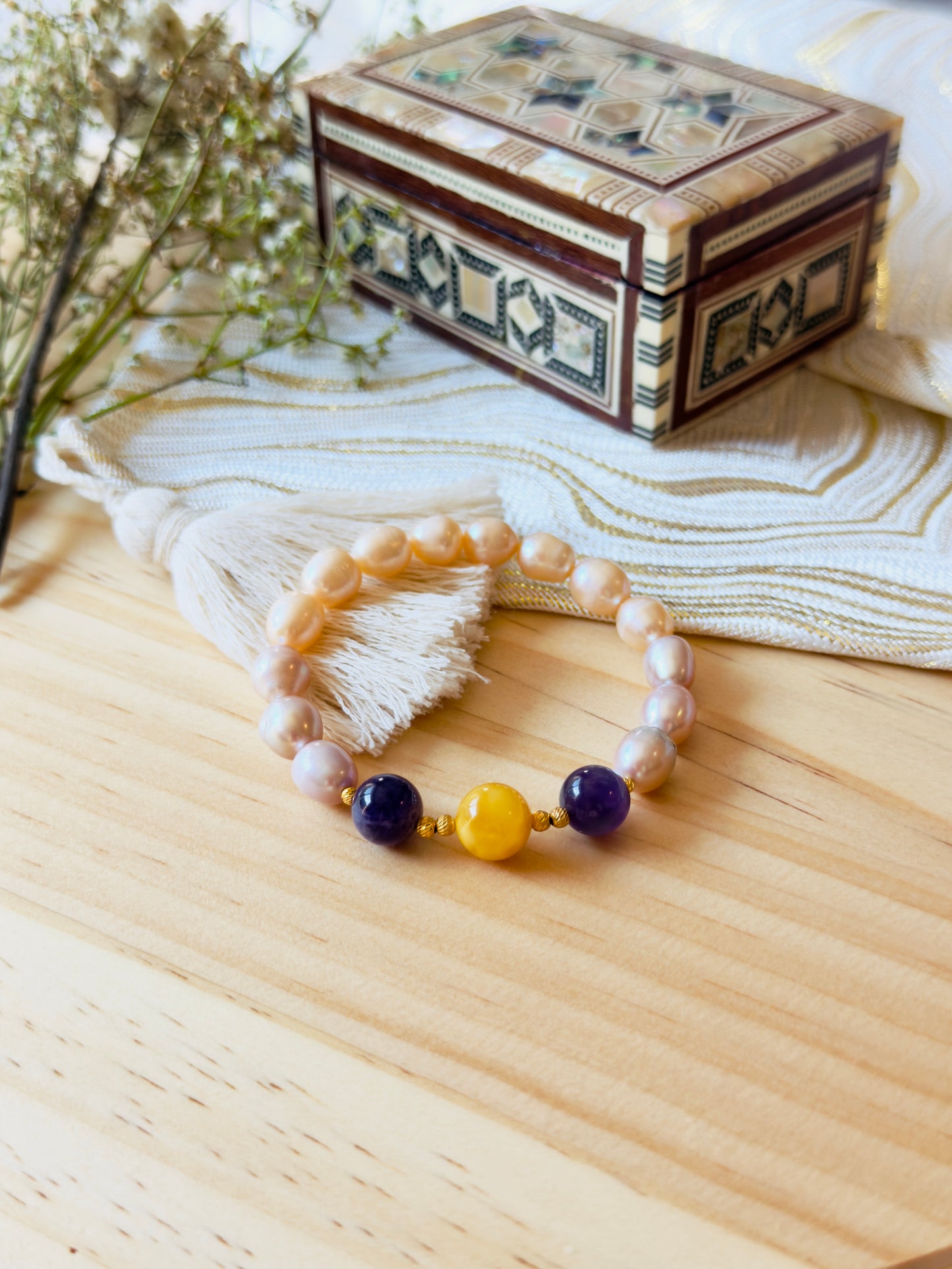 Orange and Purple Natural Pearl - Amethyst - Yellow Amber Bracelet