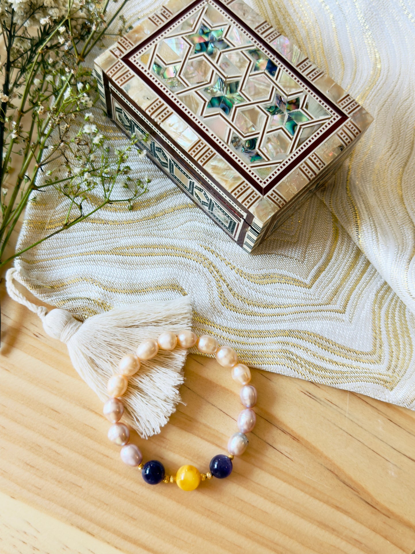 Orange and Purple Natural Pearl - Amethyst - Yellow Amber Bracelet