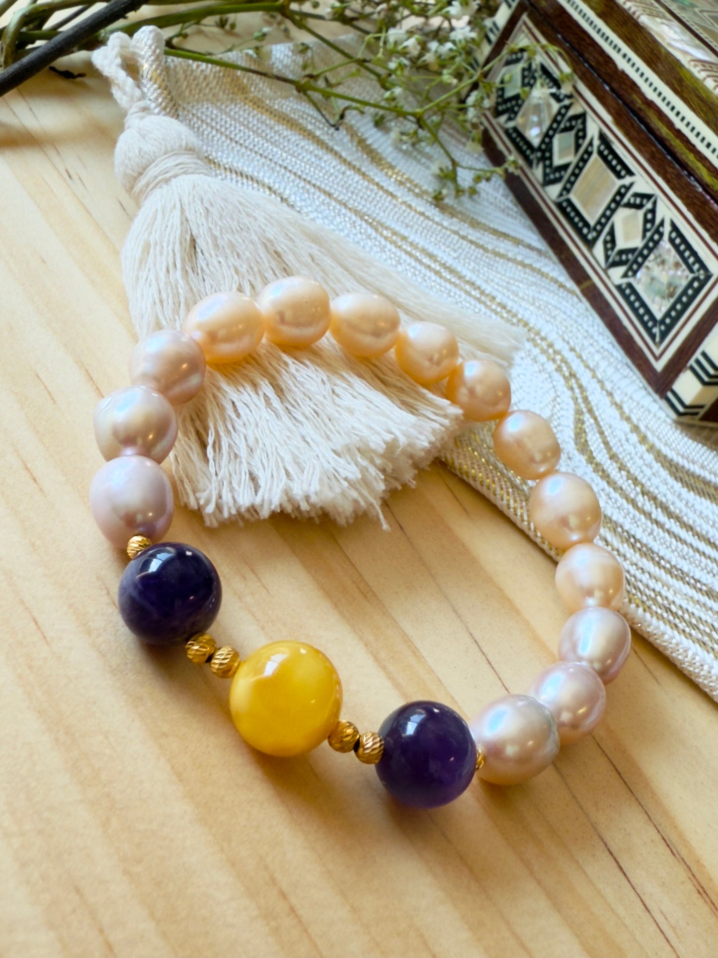 Orange and Purple Natural Pearl - Amethyst - Yellow Amber Bracelet