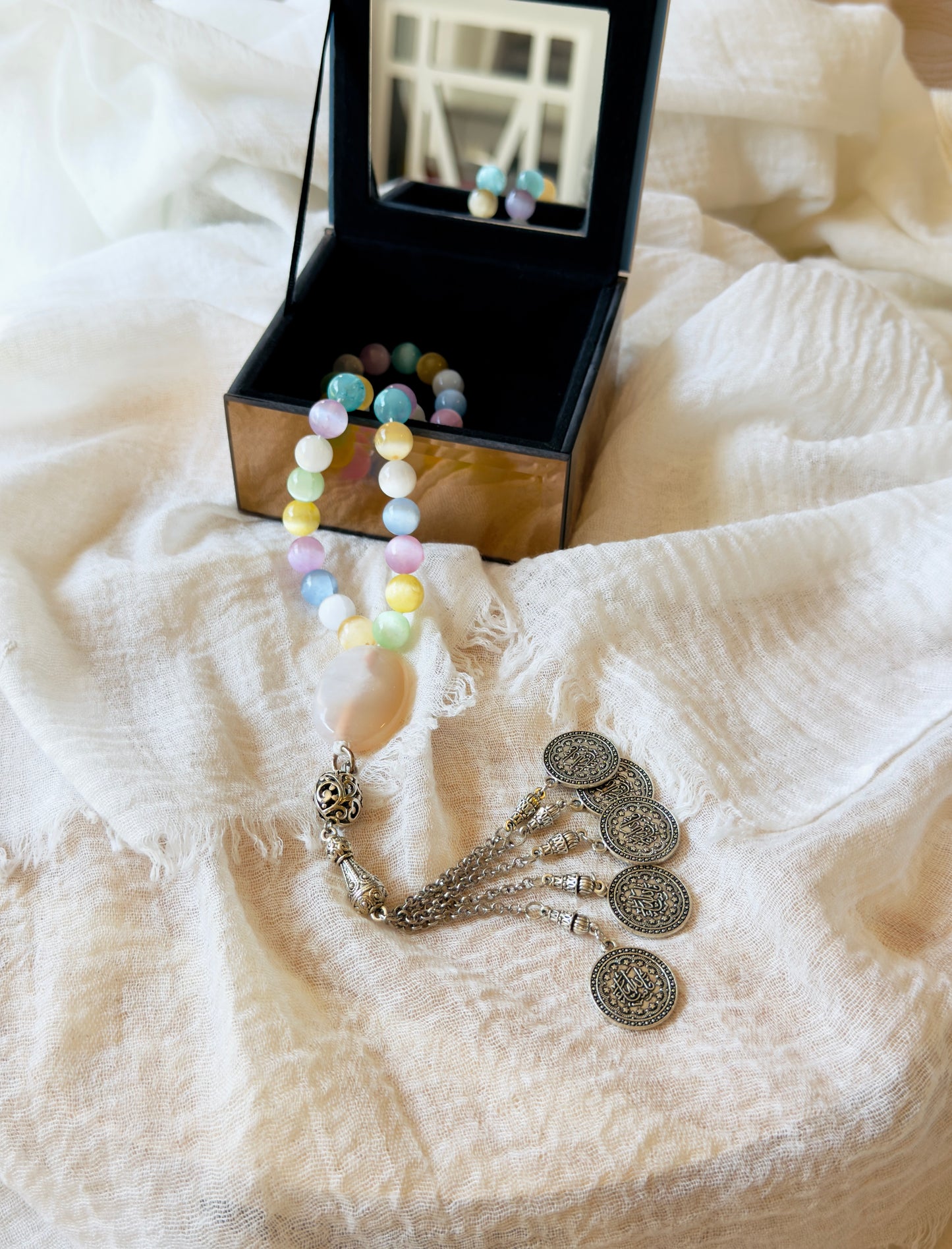 33-Bead Colored Selenite - Agate Misbaha with Charms