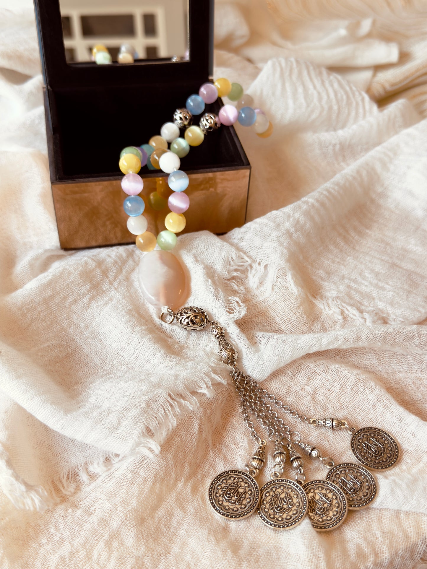33-Bead Colored Selenite - Agate Misbaha with Charms