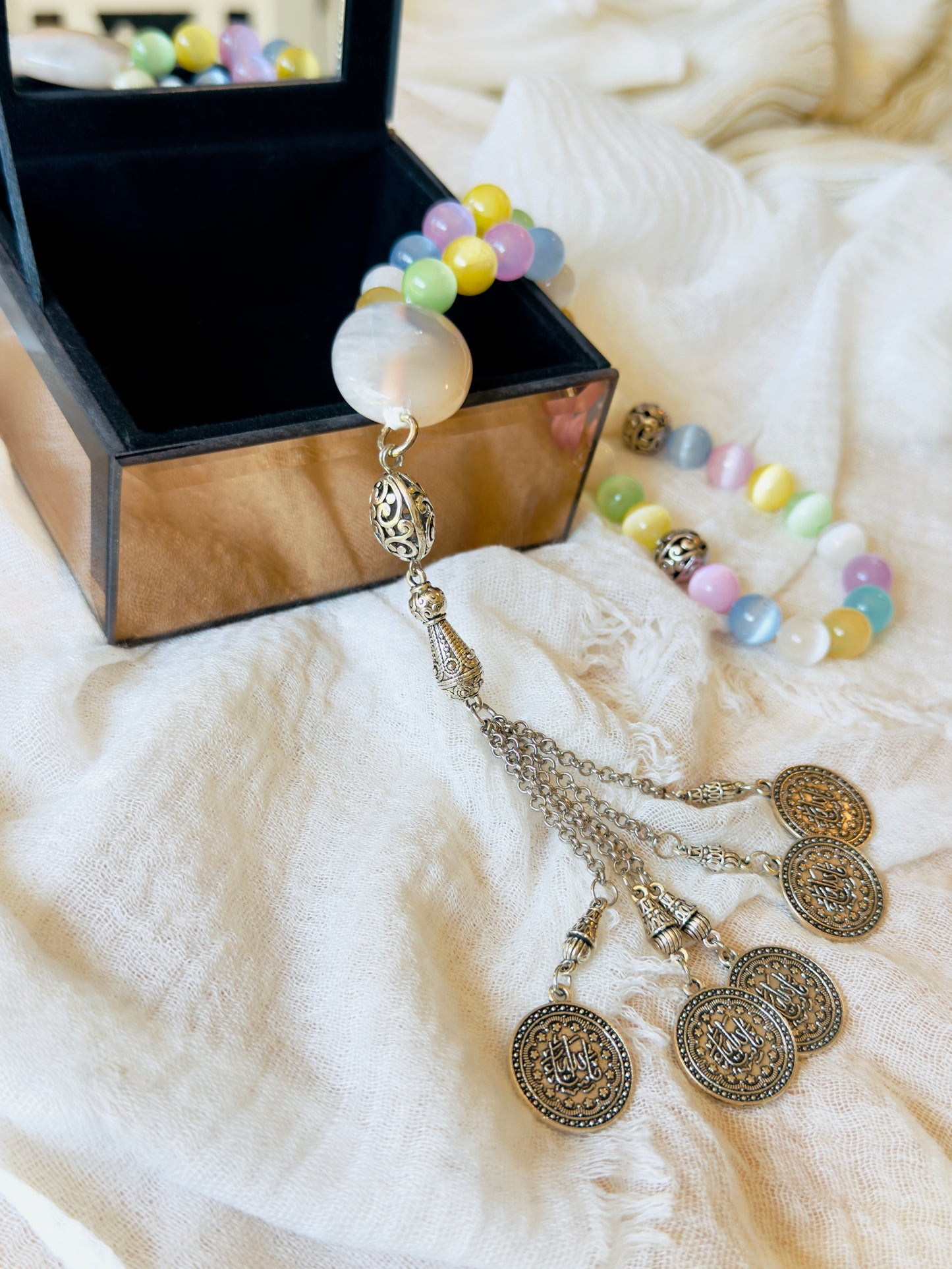 33-Bead Colored Selenite - Agate Misbaha with Charms