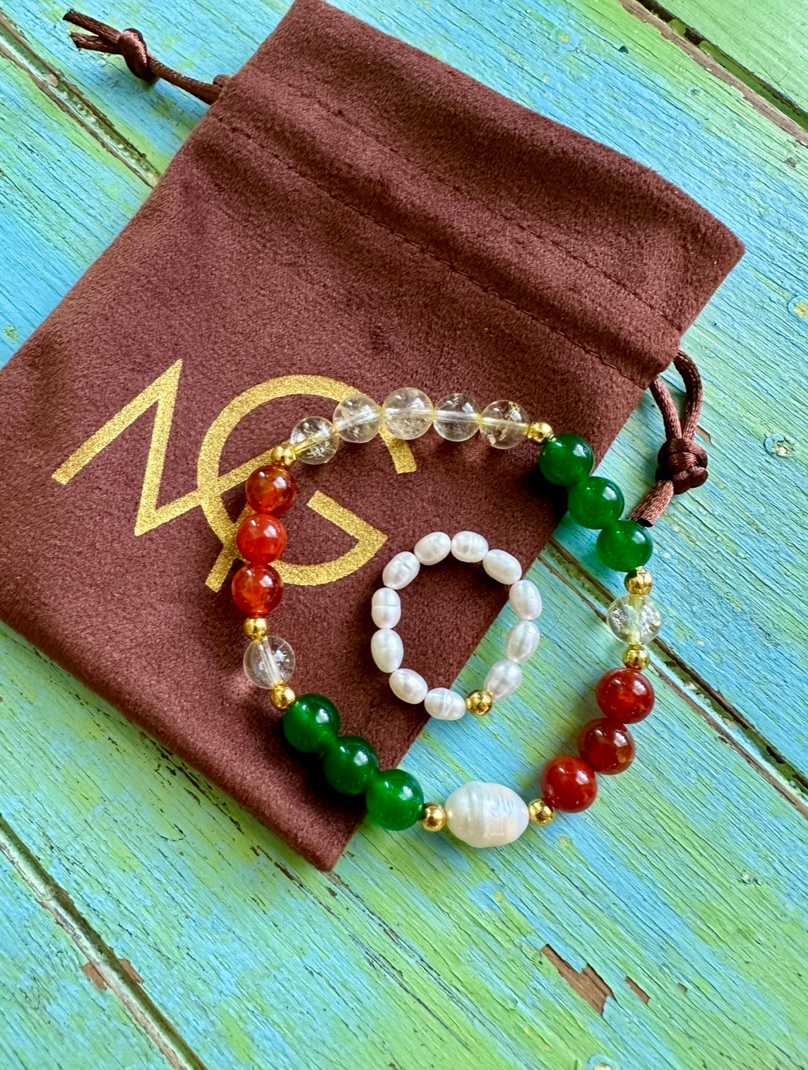 Pearl-Green Jade-Red Agate-Citrine Bracelet + Pearl Ring