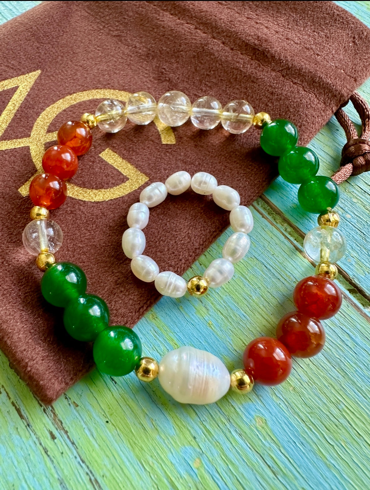 Pearl-Green Jade-Red Agate-Citrine Bracelet + Pearl Ring