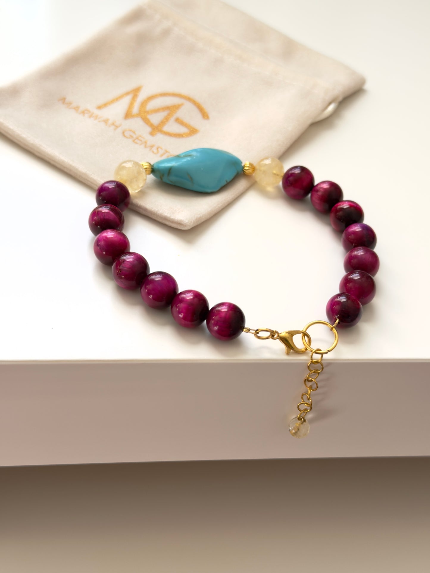 Pink Tiger Eye-Citrine-Turquoise Bracelet