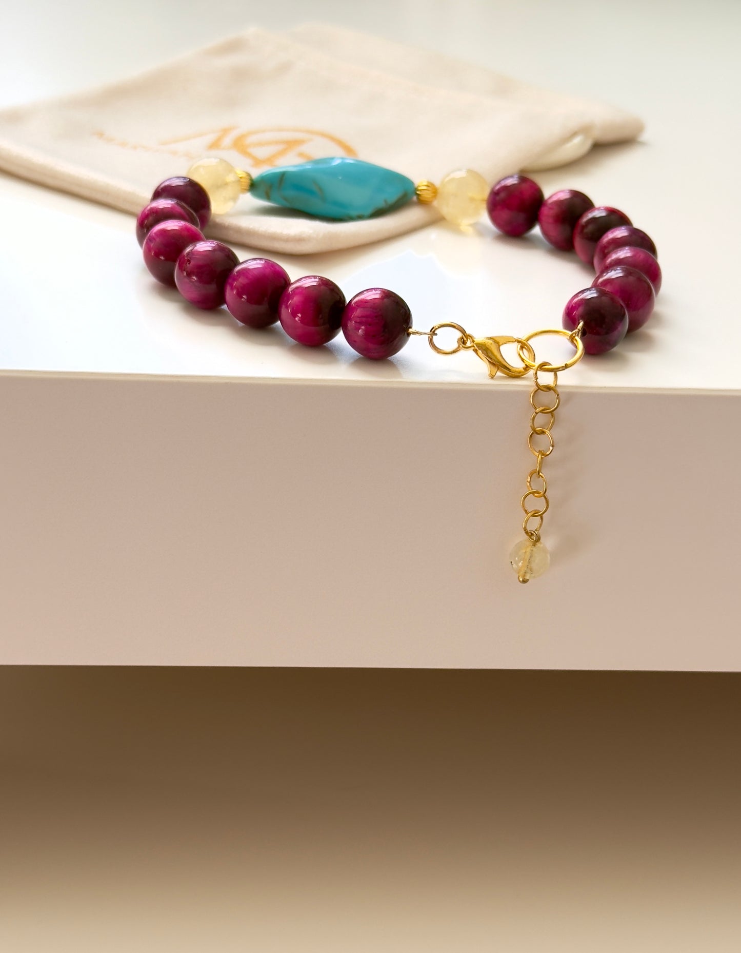 Pink Tiger Eye-Citrine-Turquoise Bracelet