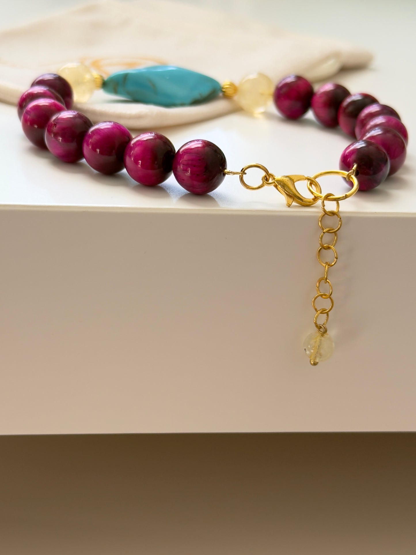 Pink Tiger Eye-Citrine-Turquoise Bracelet