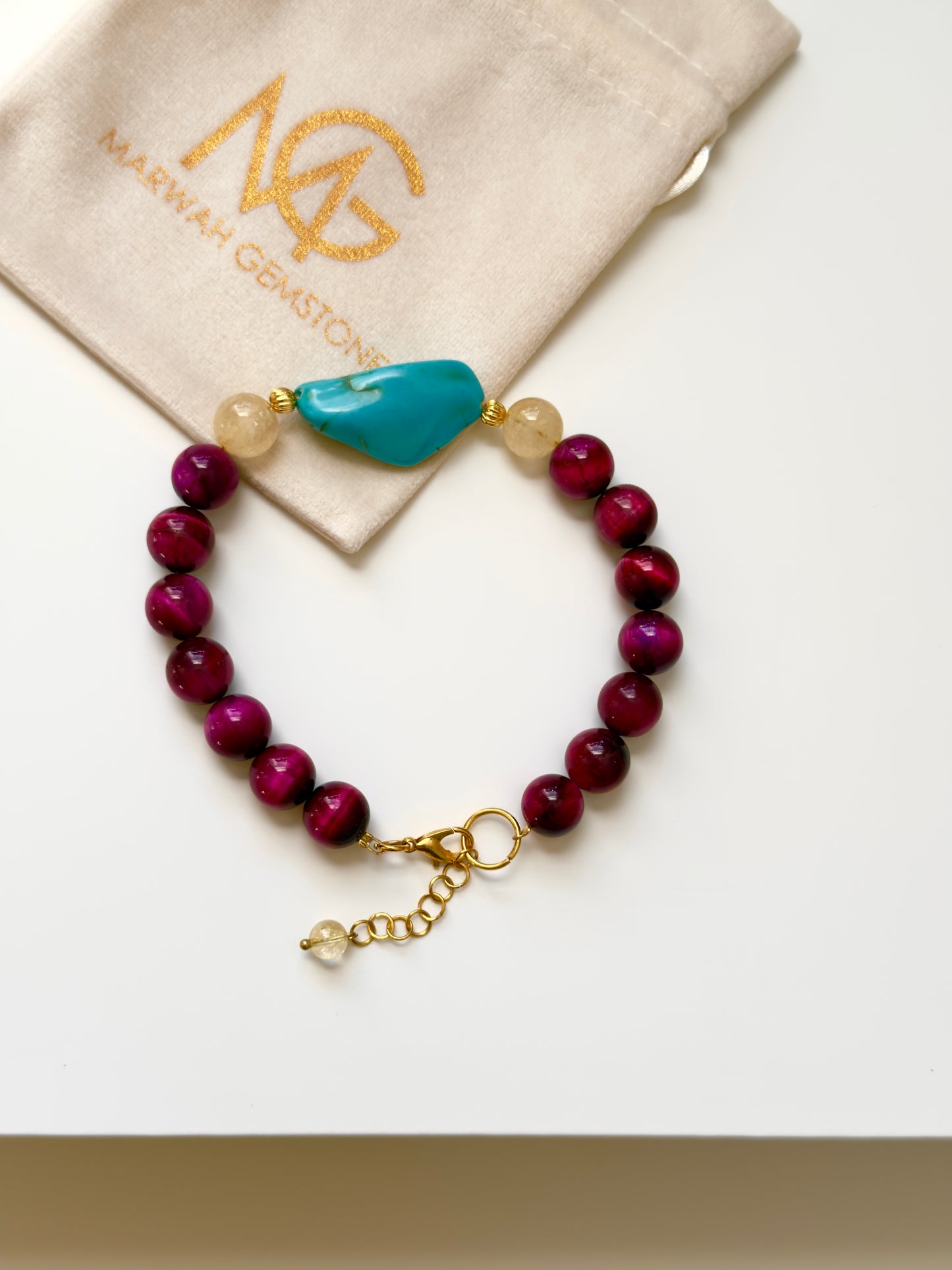 Pink Tiger Eye-Citrine-Turquoise Bracelet