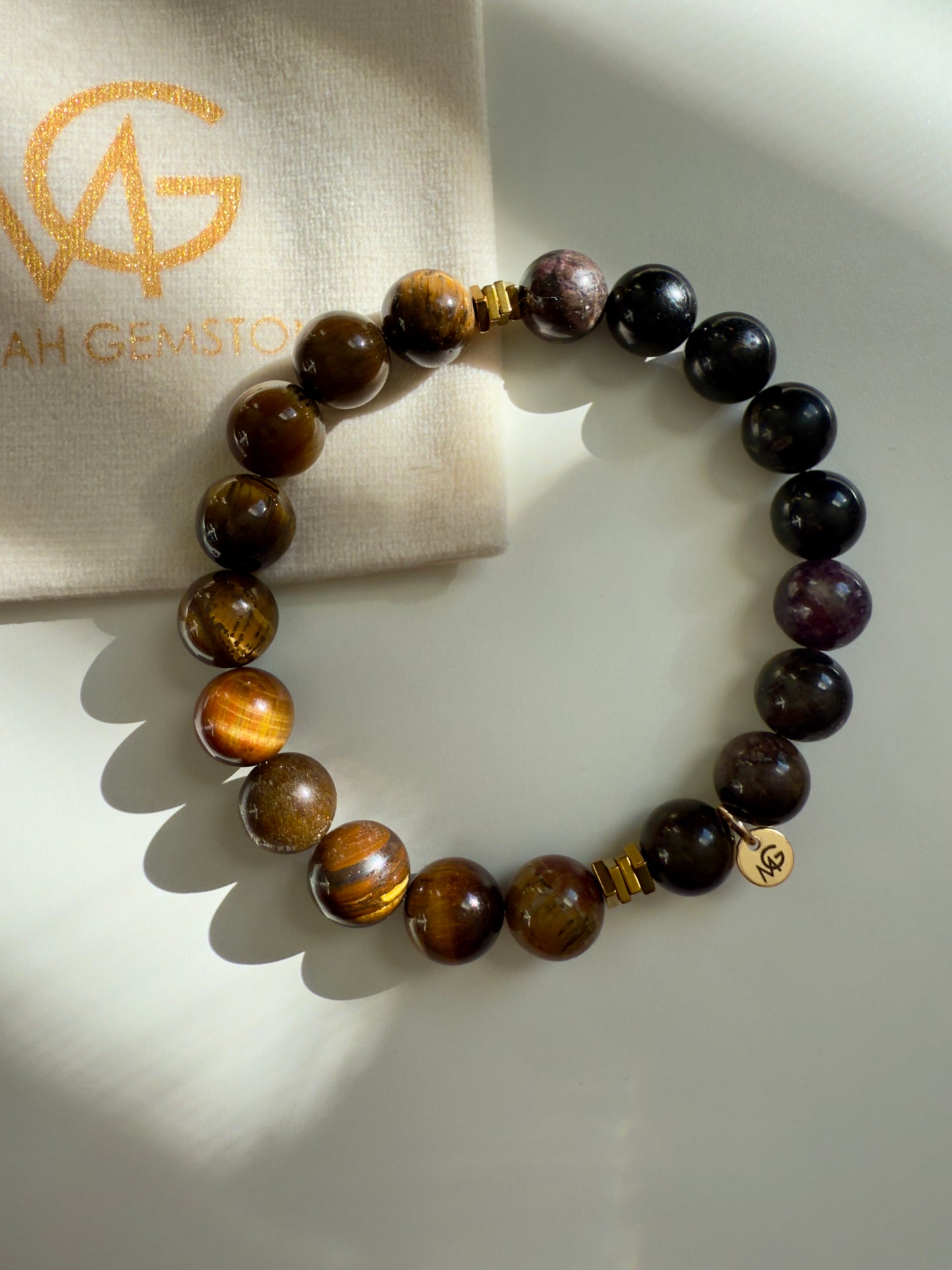 10mm Bead Size Tiger Eye-Black Tourmaline-Hematite Spacer Bracelet
