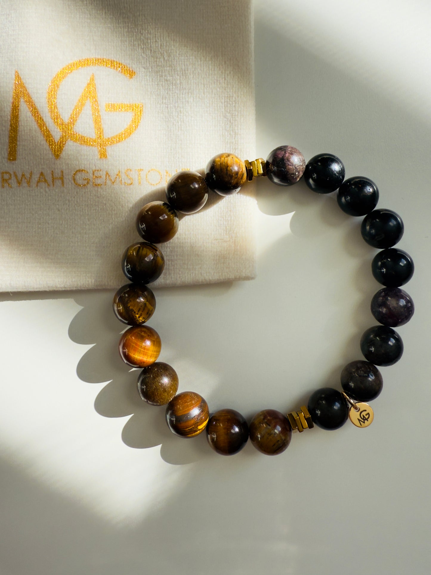 10mm Bead Size Tiger Eye-Black Tourmaline-Hematite Spacer Bracelet
