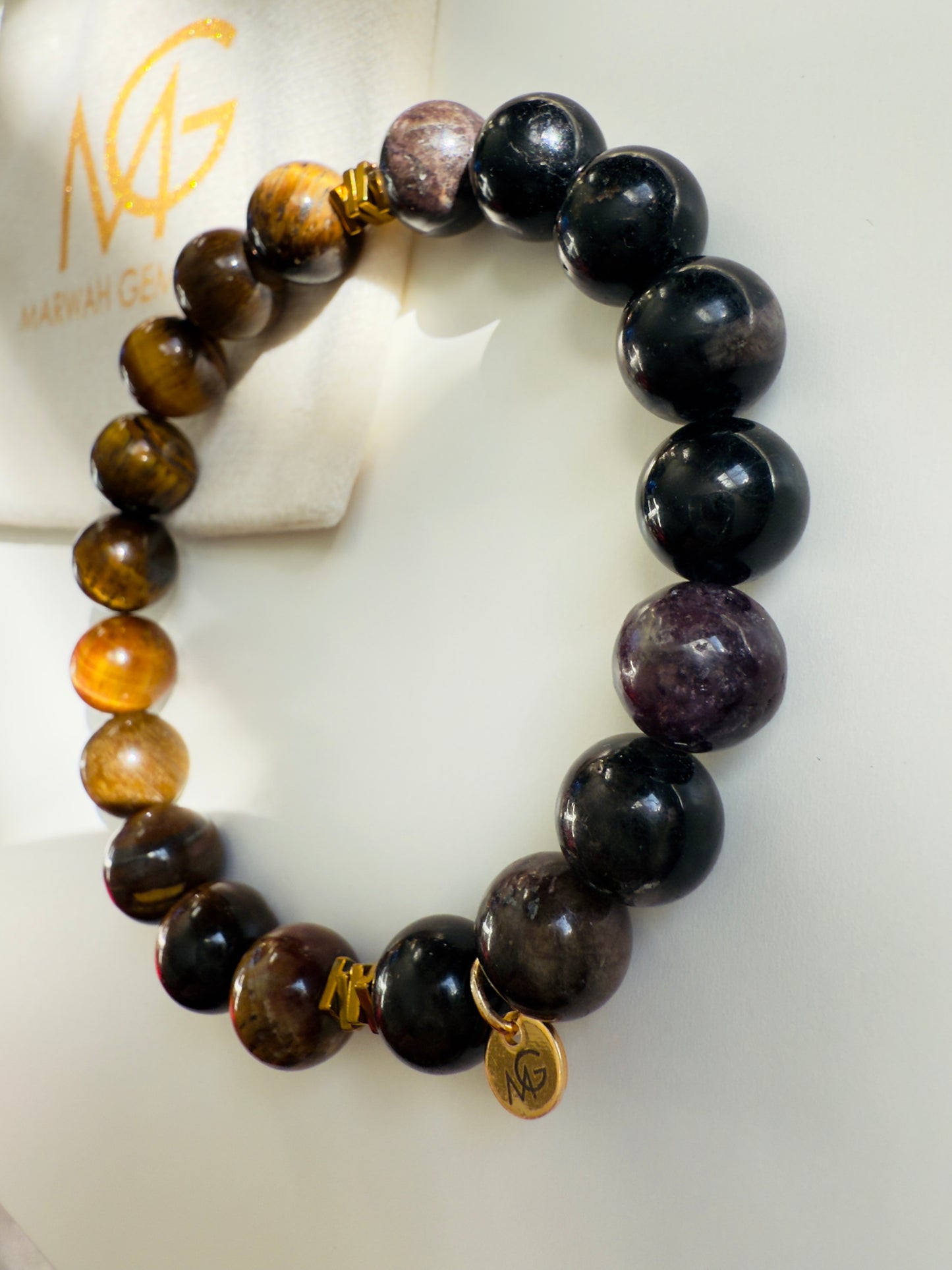 10mm Bead Size Tiger Eye-Black Tourmaline-Hematite Spacer Bracelet