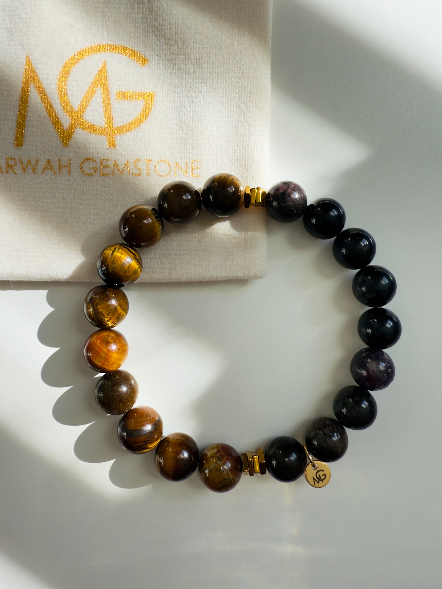 10mm Bead Size Tiger Eye-Black Tourmaline-Hematite Spacer Bracelet