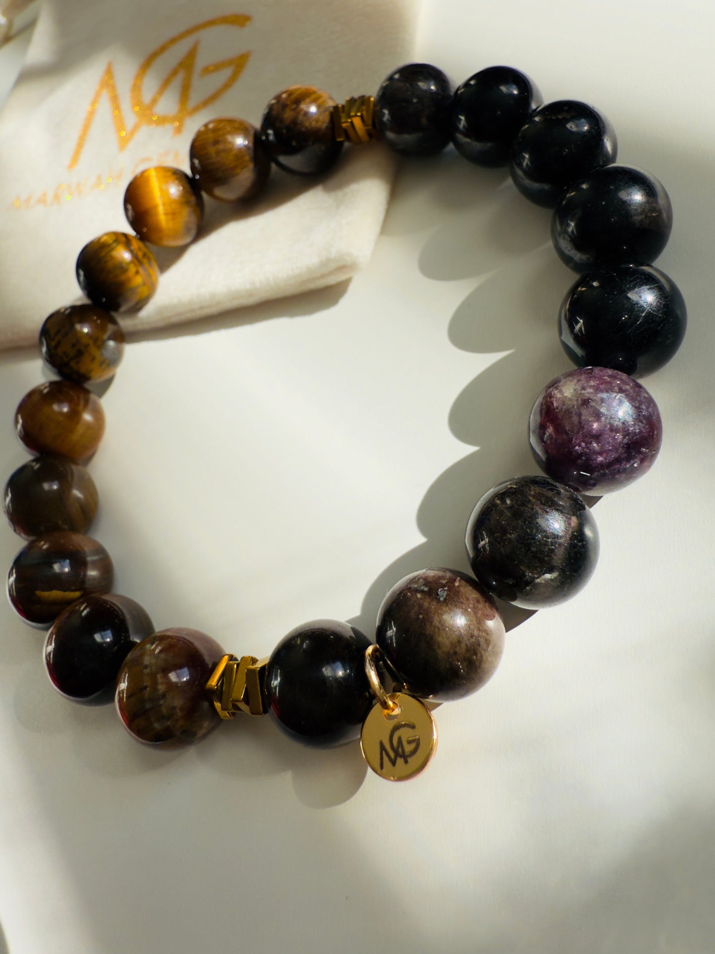 10mm Bead Size Tiger Eye-Black Tourmaline-Hematite Spacer Bracelet