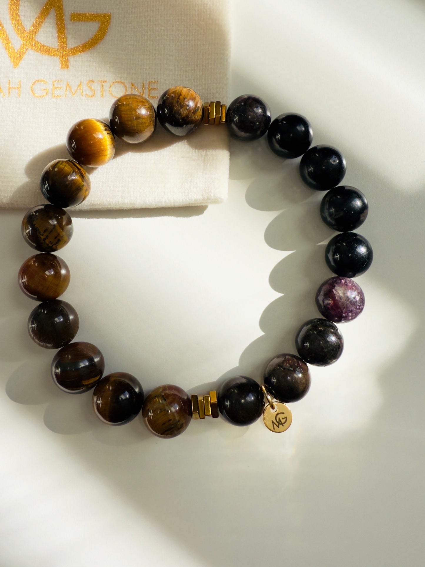 10mm Bead Size Tiger Eye-Black Tourmaline-Hematite Spacer Bracelet