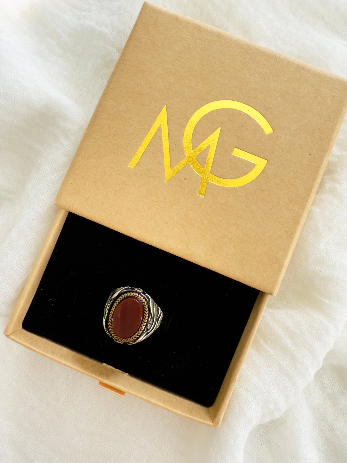 Men's Design Red Agate Ring Stirling Silver