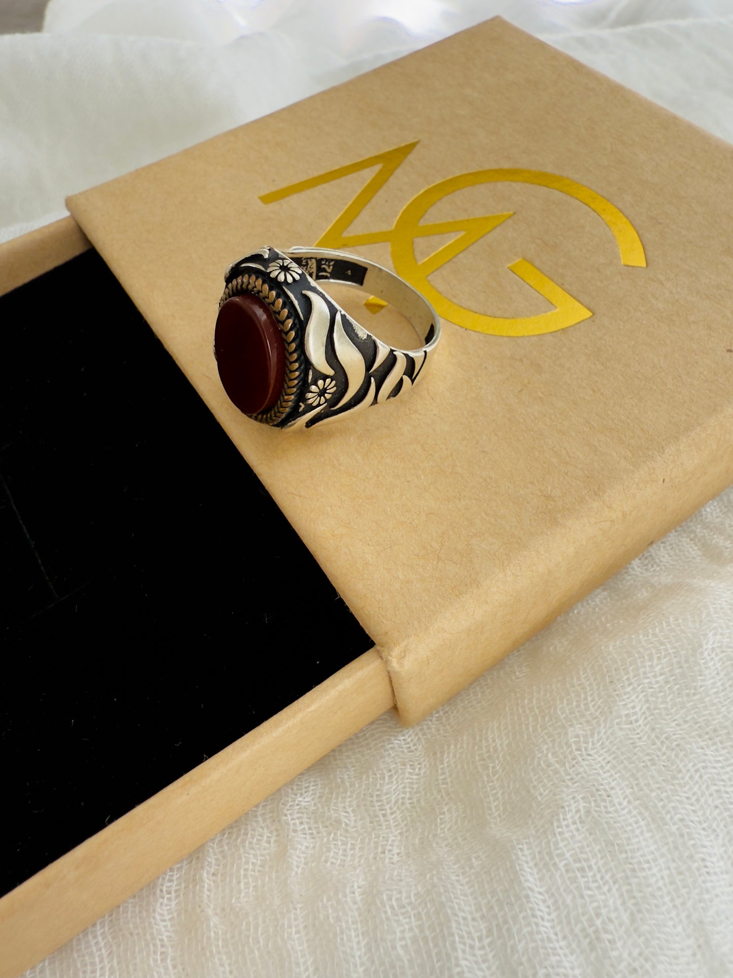 Men's Design Red Agate Ring Stirling Silver