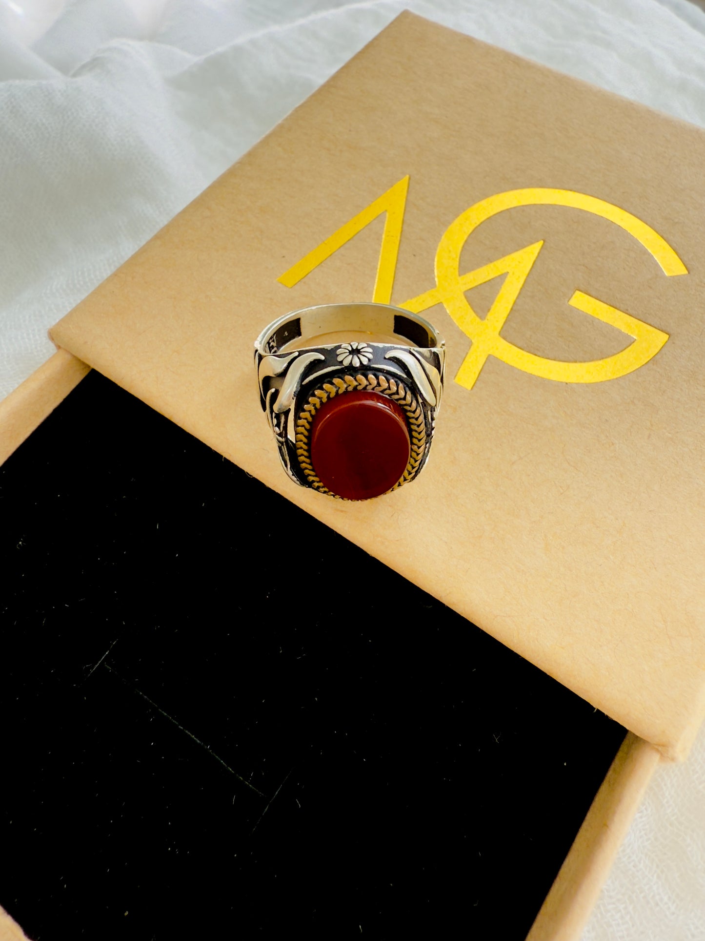 Men's Design Red Agate Ring Stirling Silver