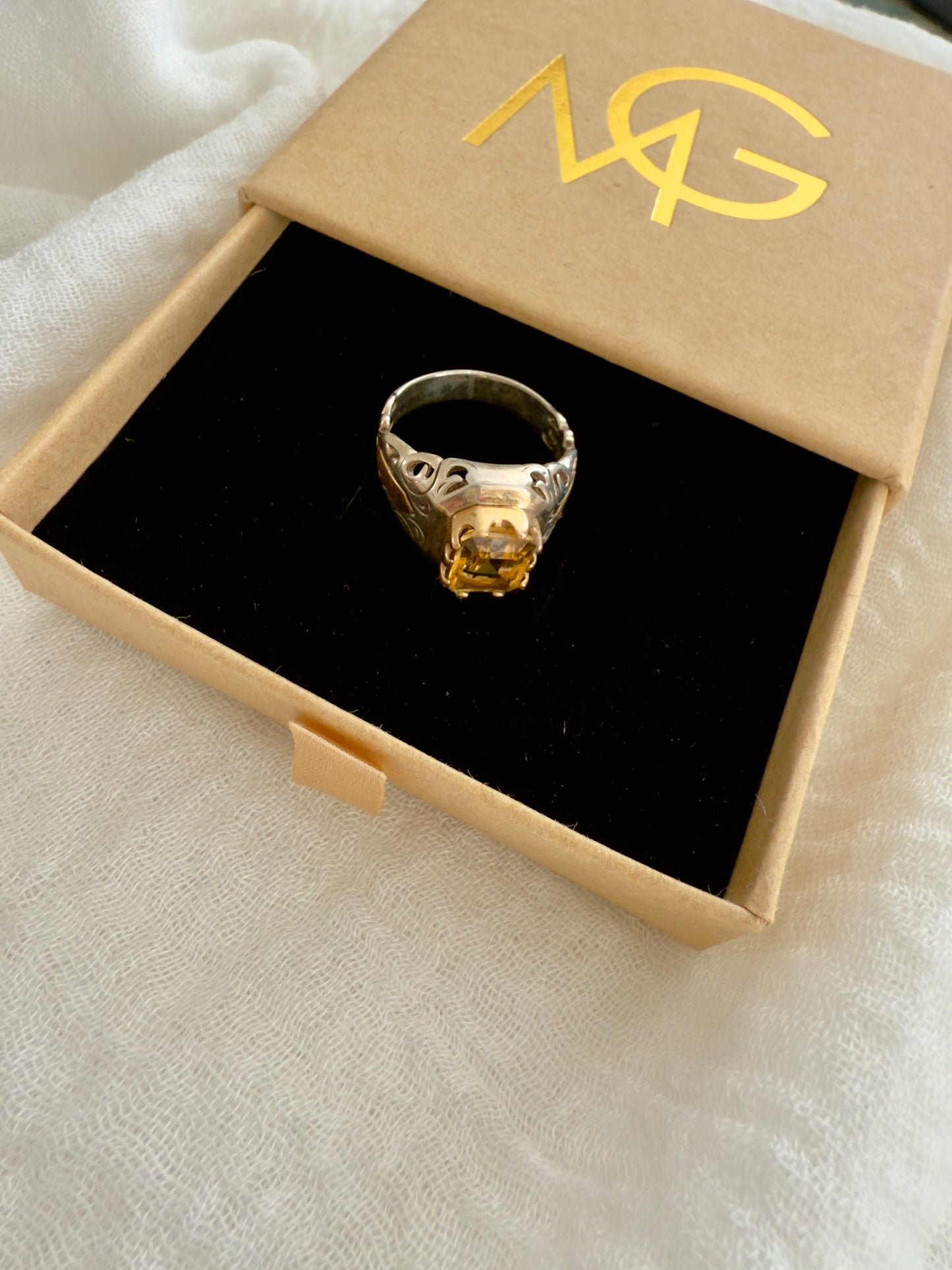 Men's Design Citrine Ring Stirling Silver W/ Plated Gold
