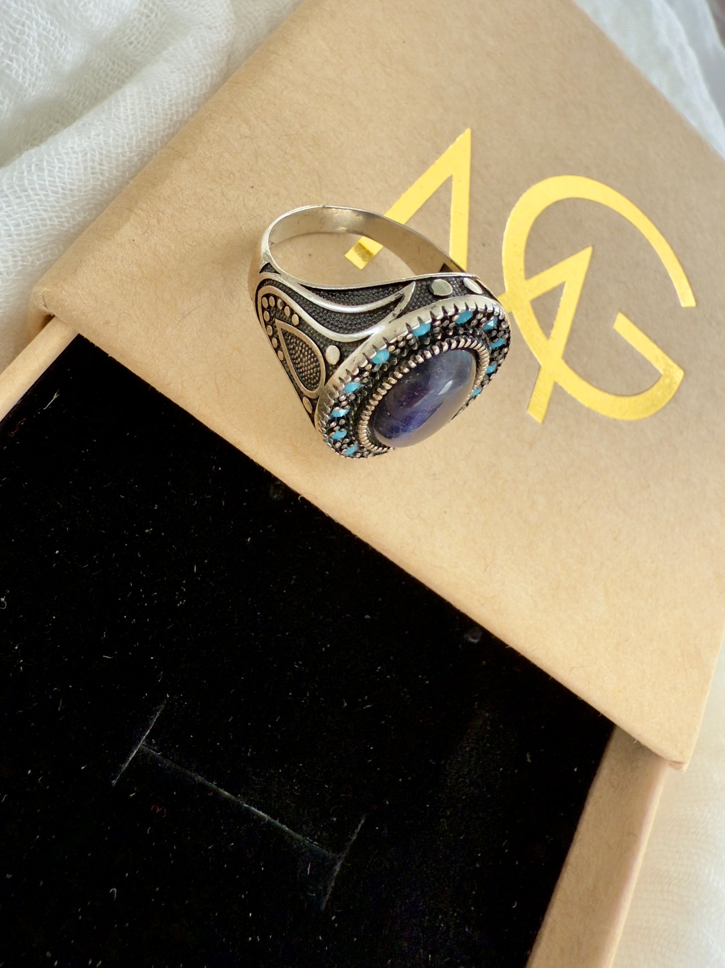 Men's Design Blue Agate Ring Stirling Silver
